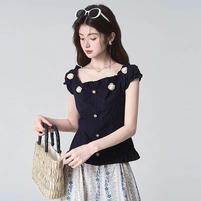 Petit haut coréen pour femmes, coupe cintrée, polyvalent, mode tempérament, Style de vacances, imprimé Floral bleu, été 2025