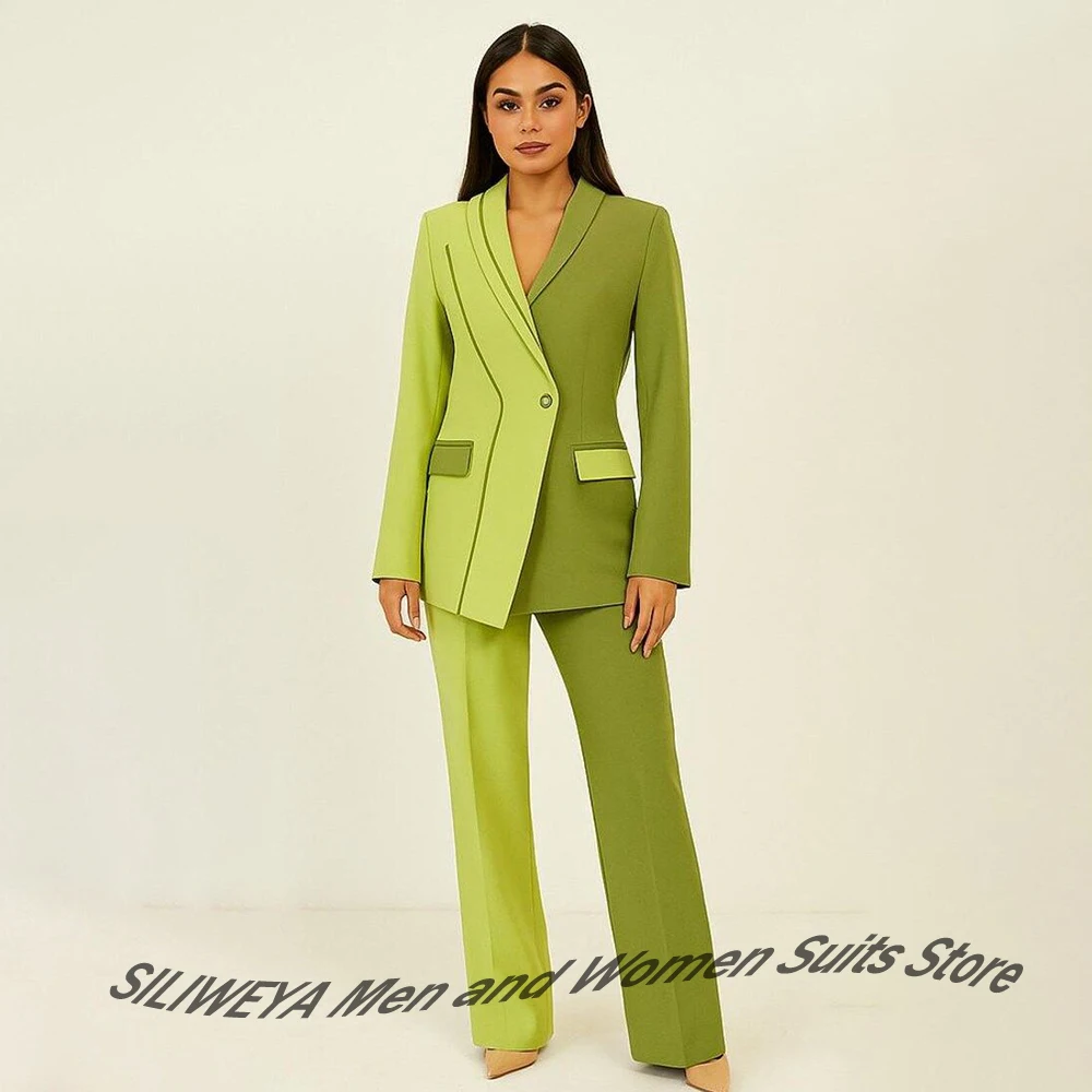 Elegant Shawl Lapel Women's Suit 2Piece Set Two-Tone Green Asymmetric Blazer with Single Button Modern Luxury Evening Outerwears