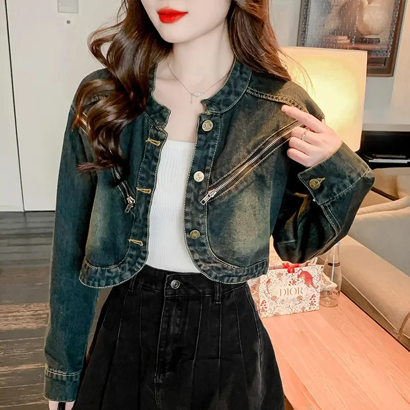 Female Korean High Waisted Denim Jacket Women's Spring, Autumn Summer Outfits Ultra Short Stature And Slimming Motorcycle Jacket