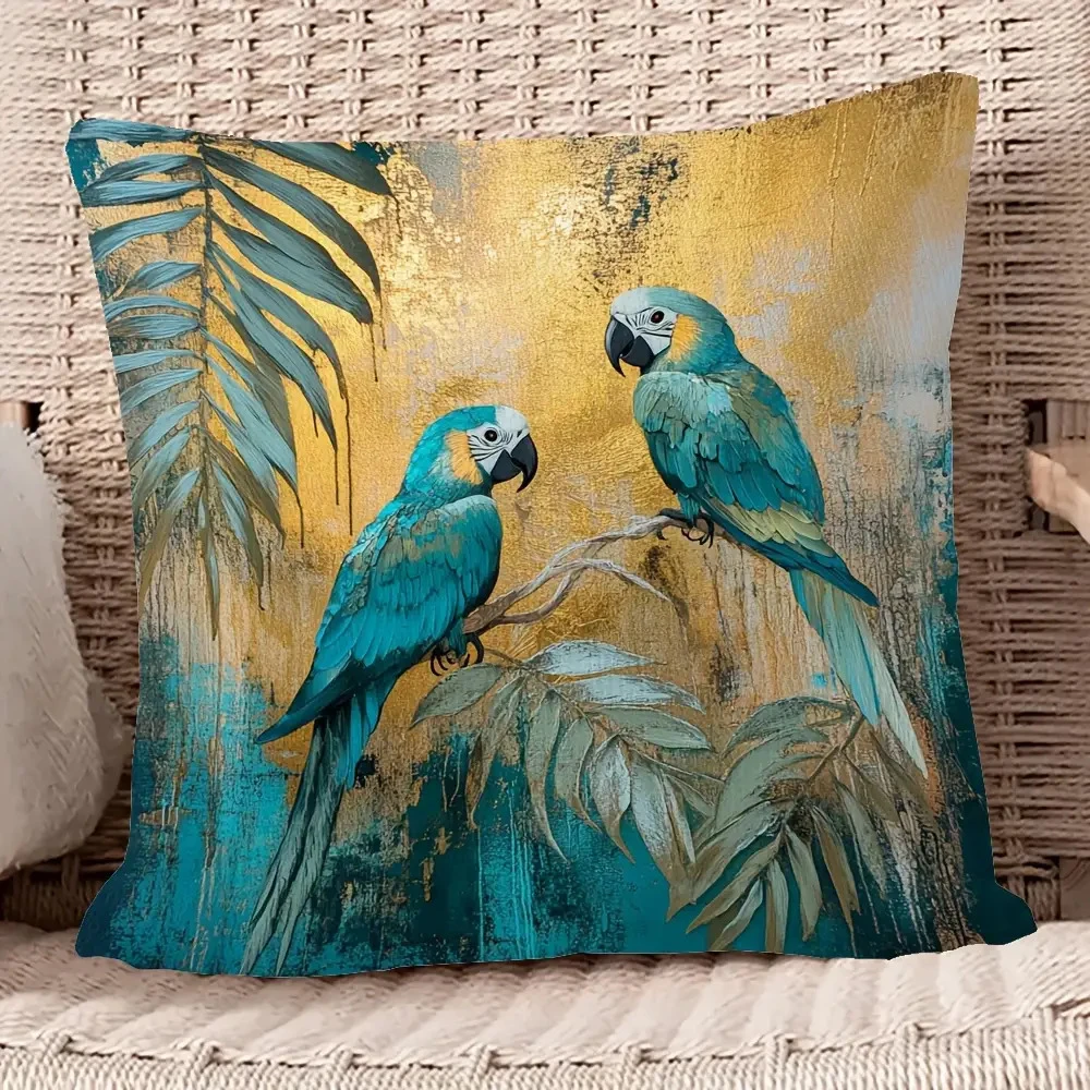 Capa de Almofada 2D Plana Boho Tropical com Papagaio Macaw Teal e Folha de Palmeira em Folha Dourada para Decoração de Casa