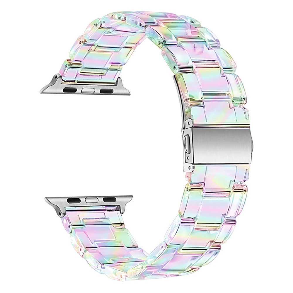 For apple watch 7 41mm 45mm band clear rainbow resin strap for iwatch se apple watch 6 5 4 40mm 44mm 3 38/42mm band transparent