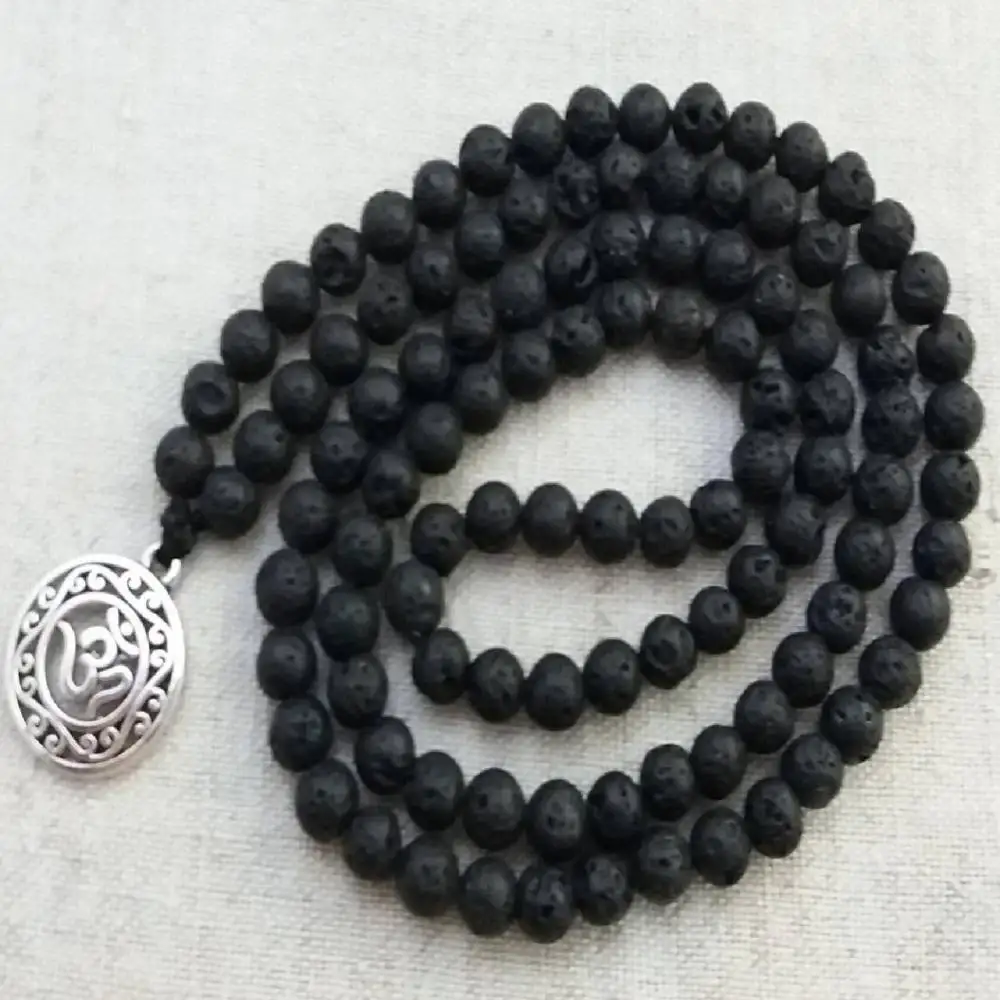 

Natural Lava Rock 108 Mala Beads Necklace with Tibetan Silver Pendant Grounding & Protection Healing Crystal Jewelry