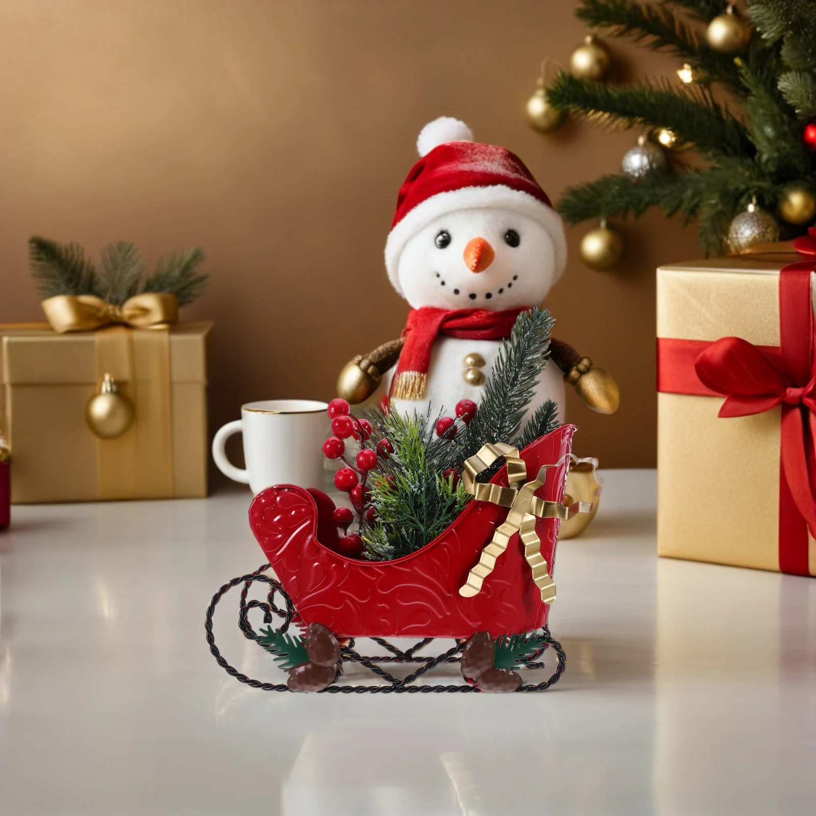 

Christmas Sleigh Red Metal Vintage Tabletop Ornament Small Sled Decoration For Holiday Home Desk Shelf Xmas Decor