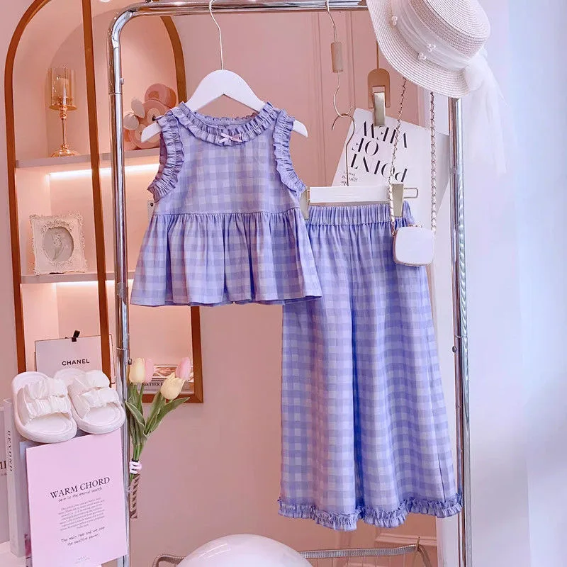 

Children Clothing Girls Korean Style Casual Plaid Suit for Children, Summer Style Sleeveless Top + Trousers Two-piece Set