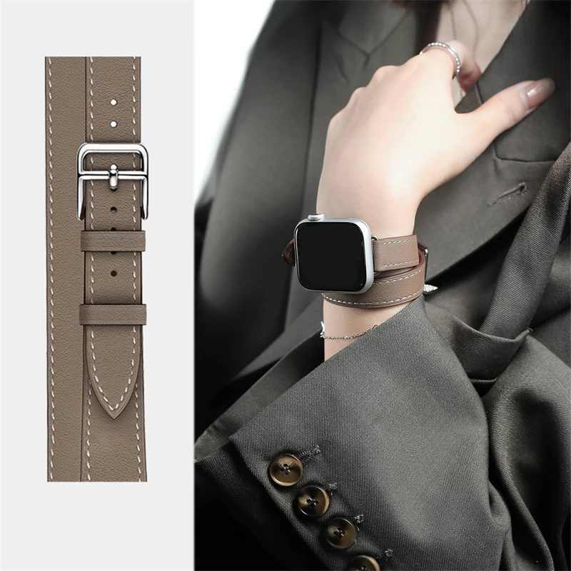 

Ремешок из натуральной кожи для Apple Watch Band Series 8 7 6 5 4 3 SE, двойной круглый модный браслет для iWatch 41 мм 44 45 40 42 38 м