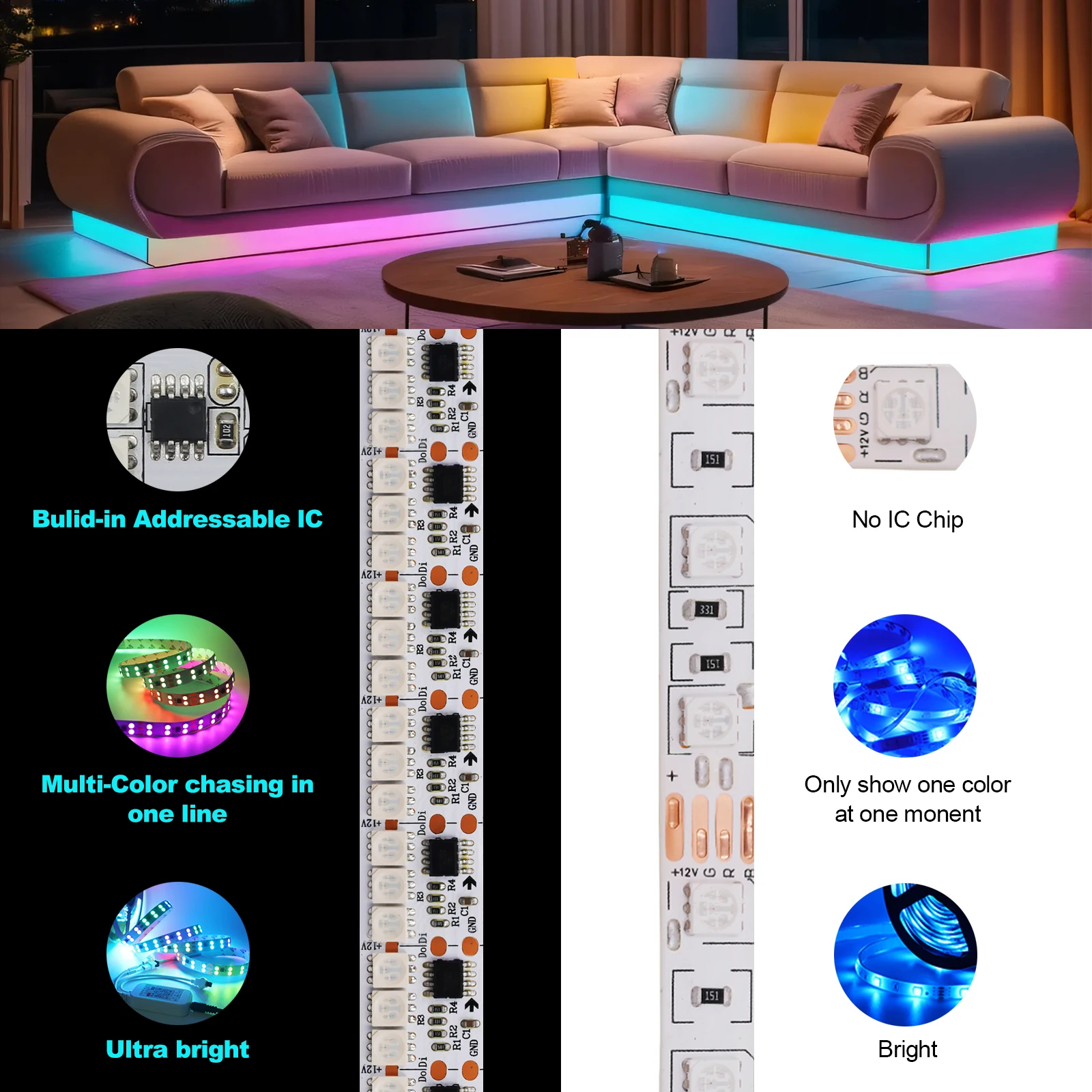 Imagem -02 - Smart Led Pixel Lights Strip Endereçável Individualmente Colorido Rgb 12v 24v 30 60 120 168 180leds por m Ws2811 5m