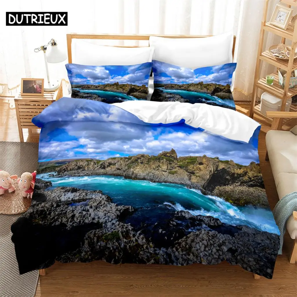 

3PCS Blue Sky Mountains And Clear Waters Bedding Sets Home Bedclothes Super King Cover Pillowcase Comforter Textiles Bedding Set