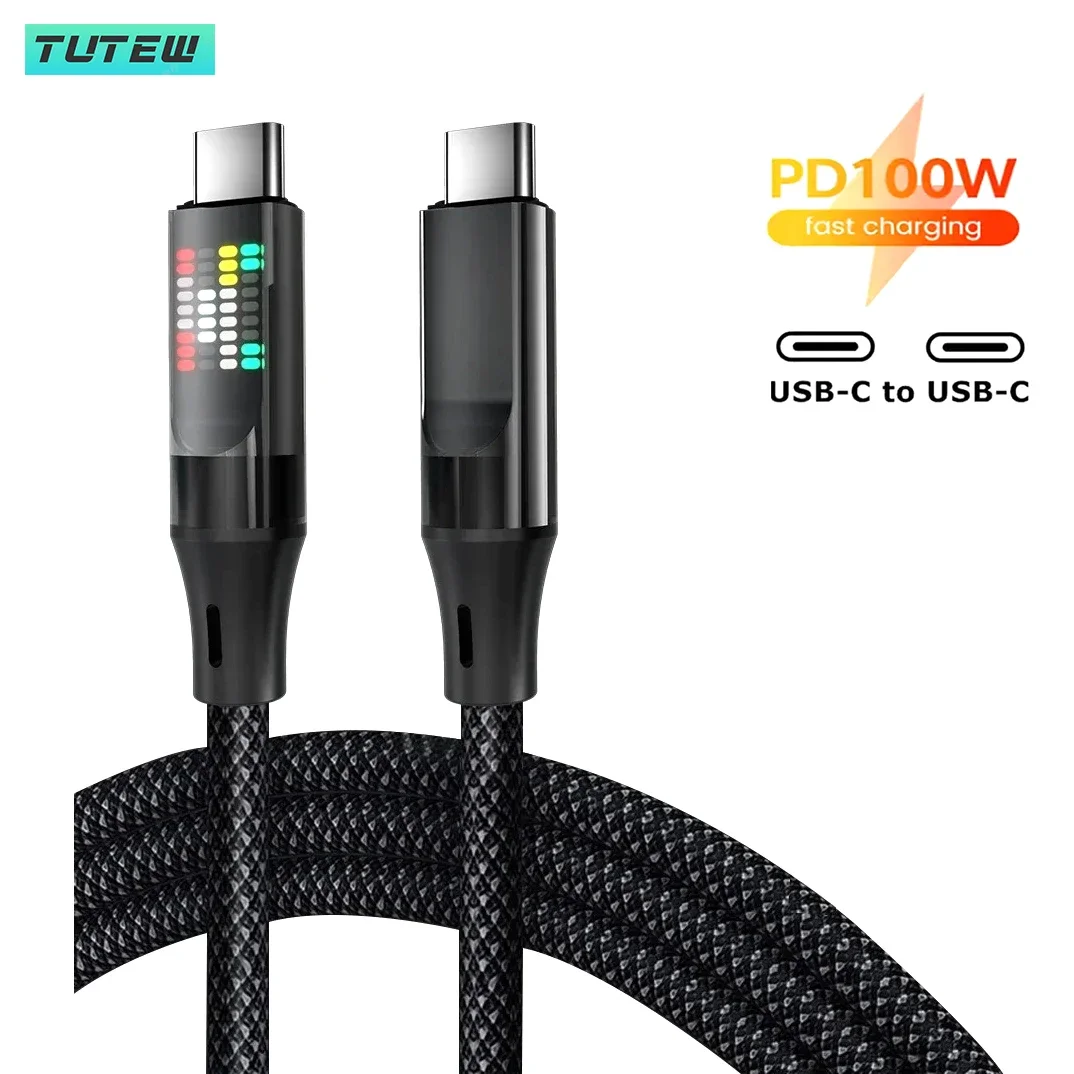 

RGB 120W Black Fast Charging Cable 6A USB A To Type C Nylon Data Cord For Samsung Huawei For iPhone With Display LED Usb C Cable