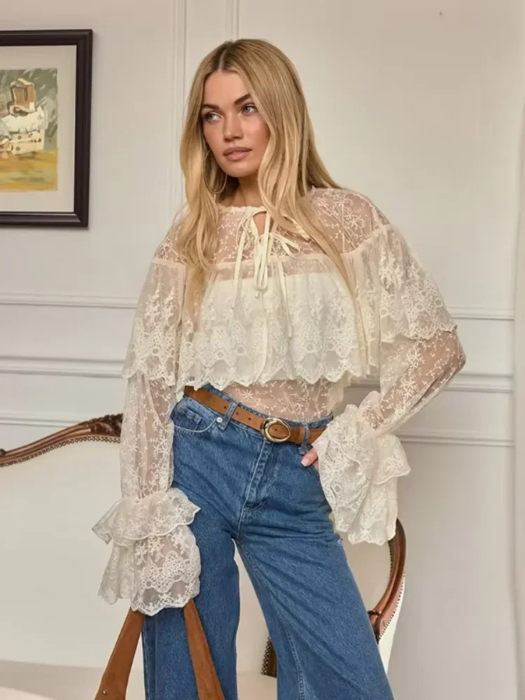 Chic Print See Through Layered Ruffles Women Shirts Retro Loose  Lace Up Full Sleeve Cropped Blouse 2025 Lady New Highstreet Top