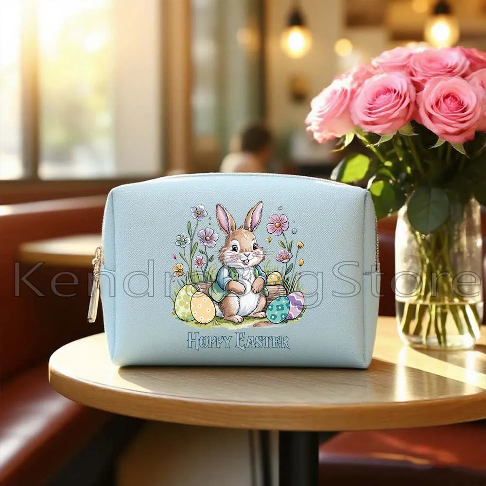 

Милый кролик, корзина с пасхальным кроликом, красочные пасхальные яйца, подарки на день Святого Пасхи, синяя косметичка из искусственной кожи, водонепроницаемая сумка для хранения макияжа