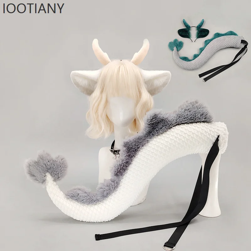 Cute Anime Tail Plush Ear Horn Cosplay Headband Fursuit Headwear Horns Dress Up Halloween Carnival Masquerade Comic Costume Prop