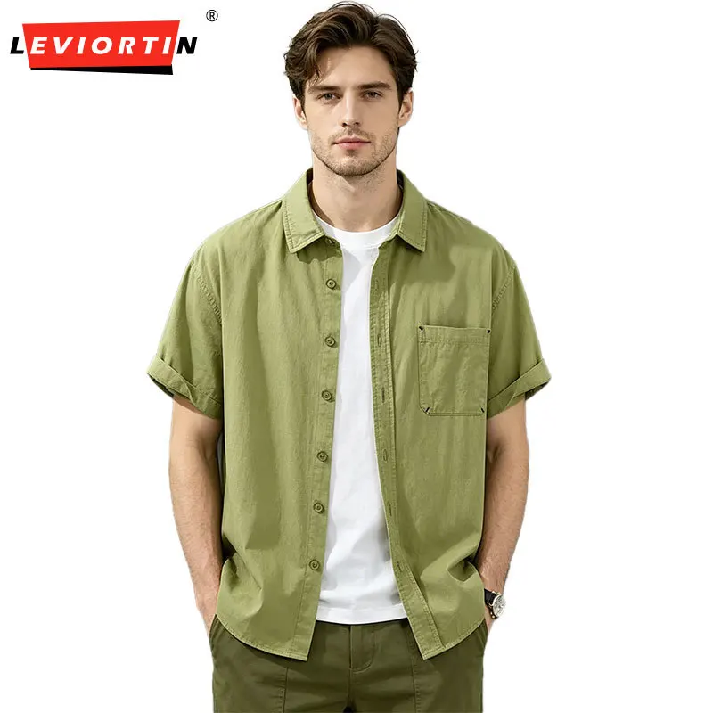 

Summer Men's Casual Short Sleeved Pure Cotton Shirt Fashionable Versatile Simple Button Down Shirt with Chest Pocket