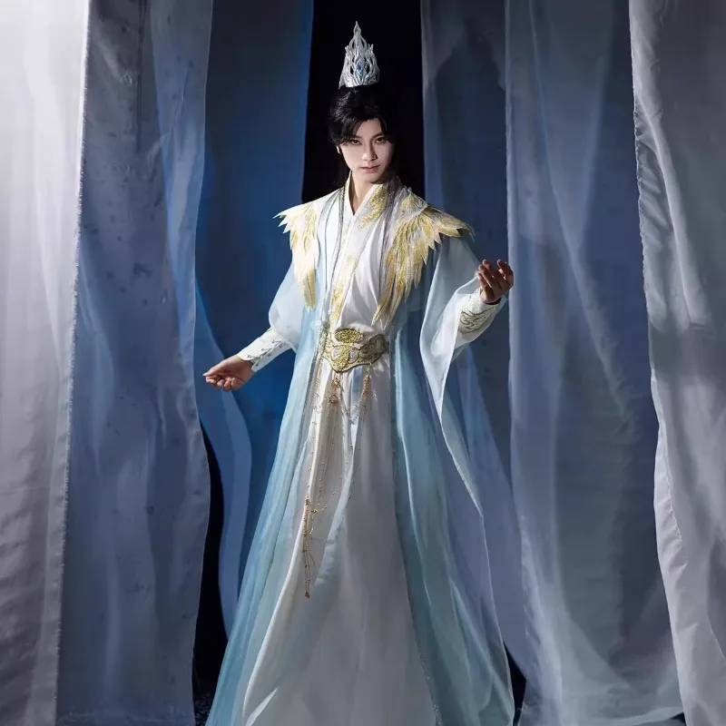 

Men and women of the same style, Han element hanbok, antique Hanfu, blue and white shawl Hanfu