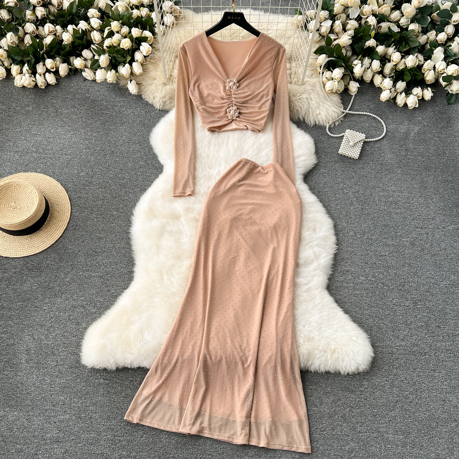 Women Vintage Two Pieces Skirt Sets Women Long Set with diamonds Sleeve Versatile Fishtail skirt