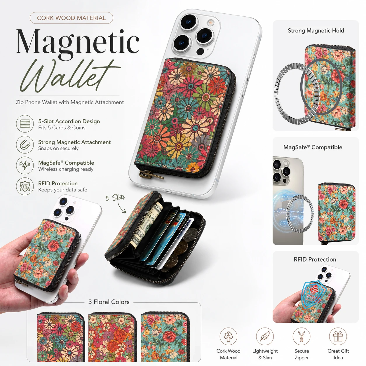 Denior Floral Cork Magnetic Wallet RFID Protection Zipper Card Holder 5 Slot Accordion Phone Wallet Lightweight Gift For Women