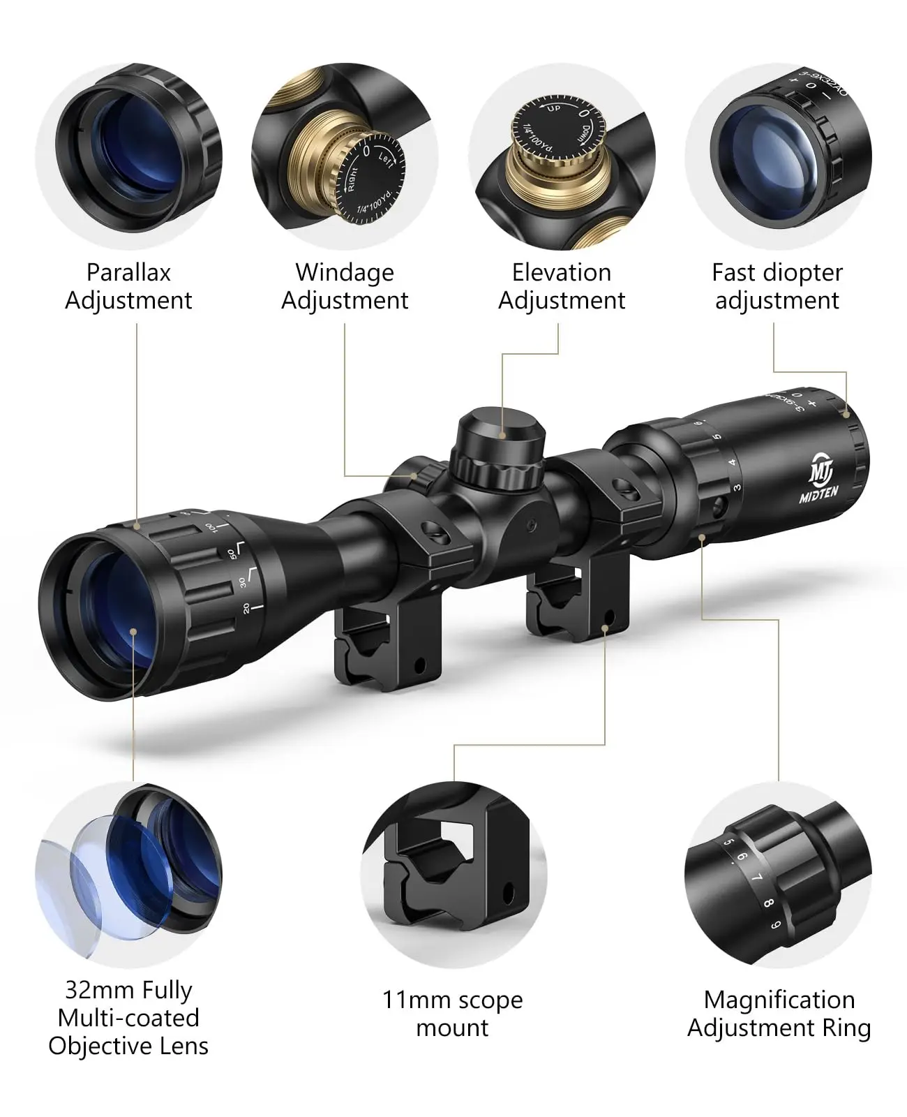 

Midten 3-9x32 AO Rifle Scope Optics Sights R4 Reticle Crosshair Riflescope Sighting for 11mm Dovetail or 20mm Picatinny Rail
