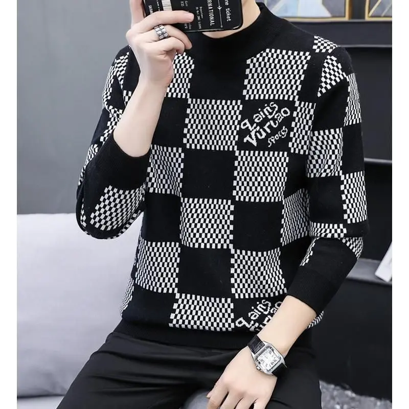 Korean 2023 New Autumn Winter Plaid Sweatshirts Men Fashion Trend Printing Bottoming Shirt Men\'s Clothing All-match O-neck Tops