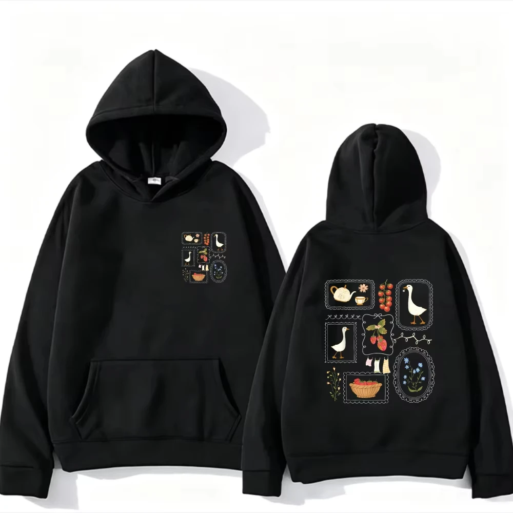 2026 New Cottagecore Goose Strawberry Fruit Teapot Framed Art Graphic Hooded Sweatshirt Front Small Collage P
