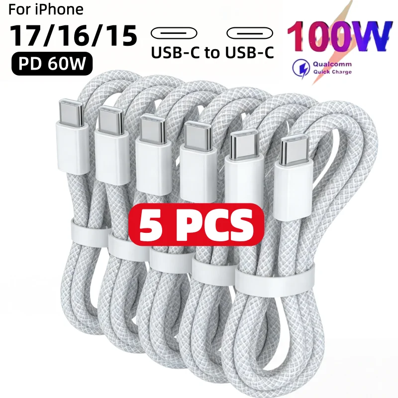 5PCS USB C Cable to USB C 100W Fast Charging Charger Cable Supports Fast Charging For iPhone 16 15 17 Samsung Xiaomi Huawei etc