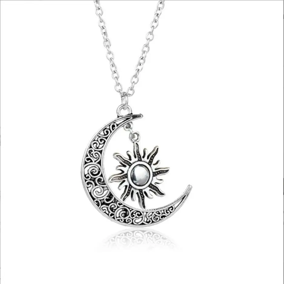 1PC Dropshipping Antique Silver Color 30x40mm Moon Sun Pendant Necklace For Women F1614