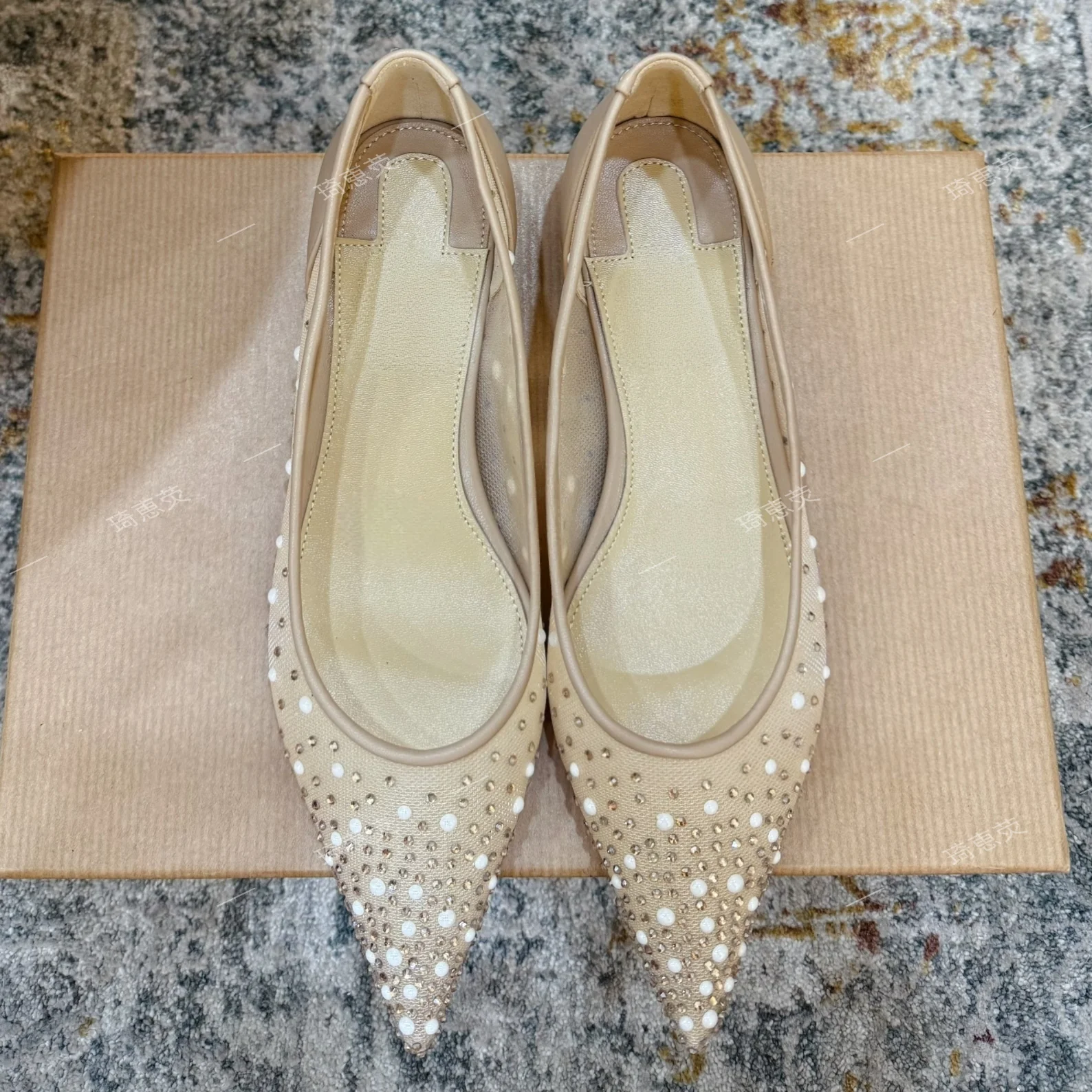 Genuine Leather 2026 Early Summer New Stunning Mesh Rhinestone Pointed-Toe Pumps Flat Height-Increasing Sandals Sapato Feminino
