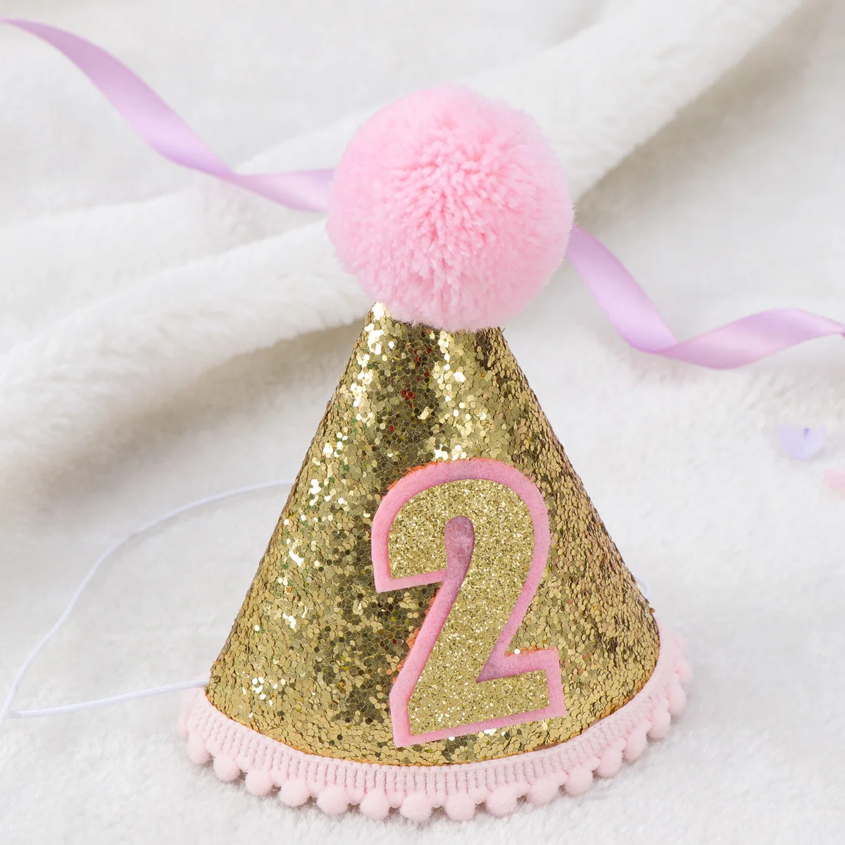 

2nd Birthday Party Hat Pink Glitter Cone Sparkle Adjustable Elastic Chin String Party Hat Birthday