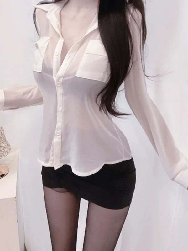 Summer Korean Version New Sheer Long Sleeve Flip Collar Single Breasted Cinching Waist Elegant Slim Mid Length Shirt F244