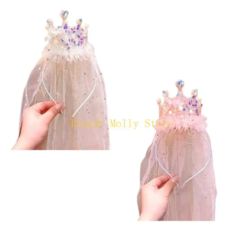 

N5KB Elegant Net Veil Princesses Crowns Headband With Glittering Glass Rhinestones Decors Hair Accessory For Little Girls