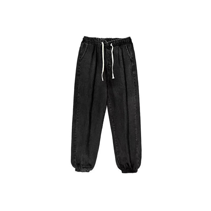 

Elastic Waist Men's Jeans Spring Autumn Loose Straight Leg Hip Hop Casual High Street Trendy Brand Nine Point Cuffed Long Pants