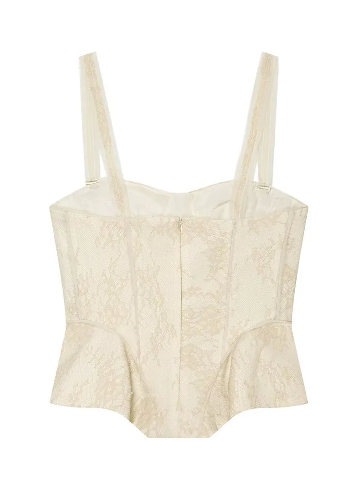 HH Women Summer Vintage Elegant Cream Ivory Lace Top Sweetheart Neck Wide Straps Boned Bustier Asymmetrical Hem Cropped Camisole
