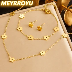 MEYRROYU 316L Stainless Steel Golden Five-petaled Flowers Necklace Bracelet Earrings Suit 2024 New Flower Non-fading jewelry Set