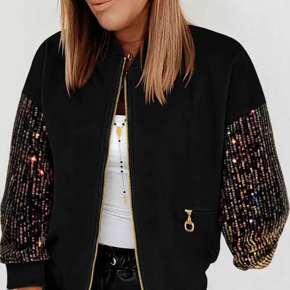   ビーズスプライシングロングスリーブジャケットストリートスタイルルーズフィットポリエステルコート女性用秋シーズンファショントレンド