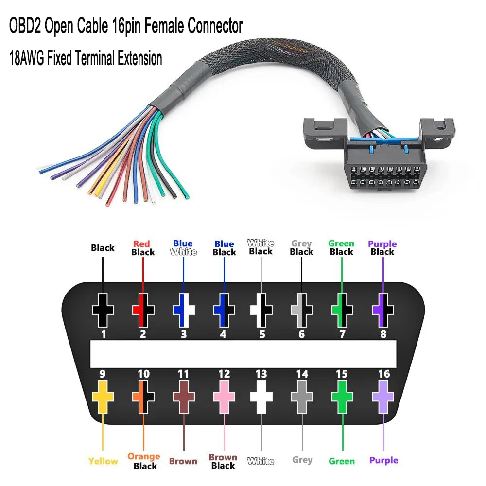 

OBD2 Cable Female Connector Opening 16 Pin 30CM 18AWG Color Wires Car Diagnostic Cable Extension Female Interface