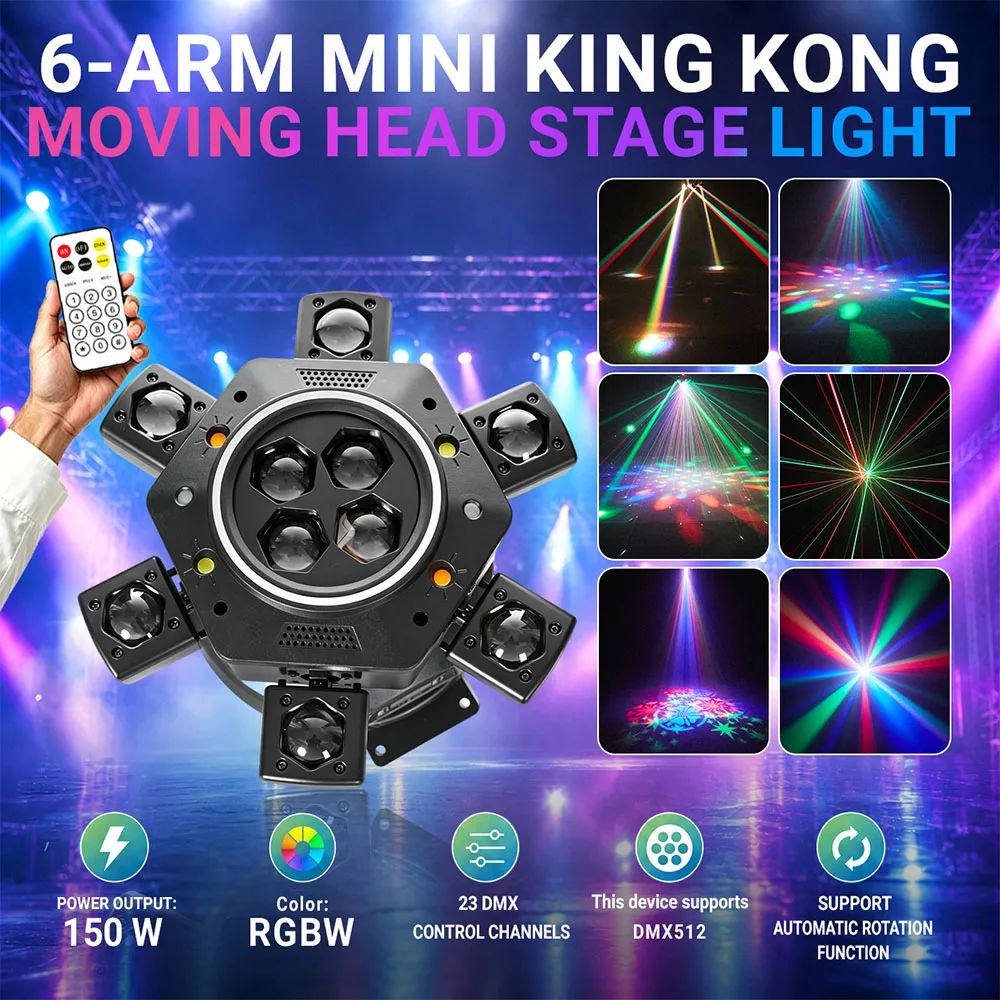 6-Arm Moving Head Stage Lights 150W Party Lights RGBW 4IN1 Mini Beam DJ Disco Strobe DMX512 For Wedding Club KTV Wedding
