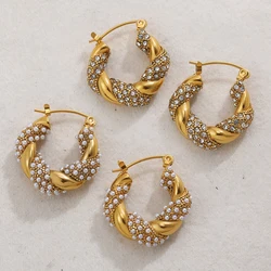 Vintage Gold Plated Stainless Steel Twist Hoop Earrings for Women Fashion Pearl Zircon Twisted Circle Earring Statement Jewelry