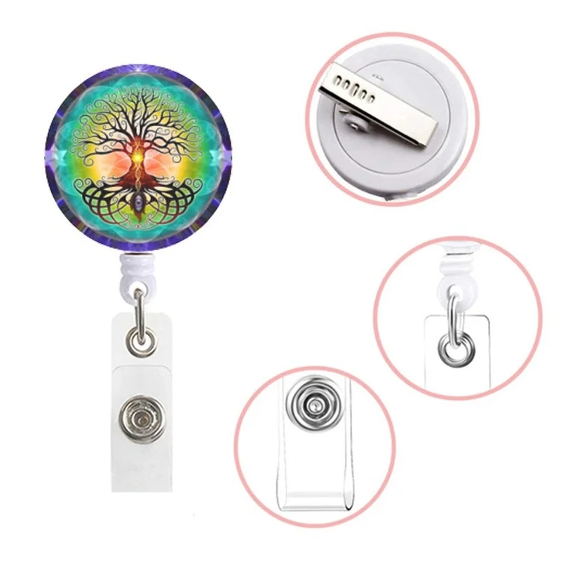 Tree Pattern Nurse ID Tag Clip Name Badge Holder Reel Rotatable Work Card Easy Pull Lanyard Retractable Lanyard Reels
