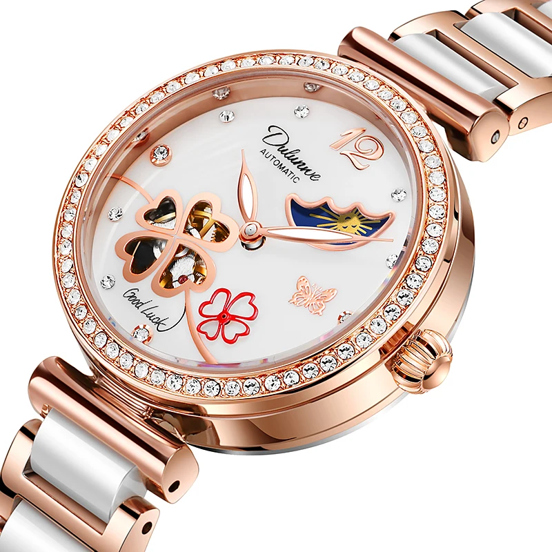 ساعة Dulunwe ميكانيكية أوتوماتيكية بالكامل مقاومة للماء للنساء، ساعة عصرية للشمس والقمر والنجوم متعددة الوظائف #1