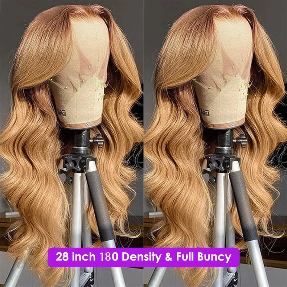 Honey pirang tubuh gelombang 13X4 renda Wig Frontal transparan prepked sorot berwarna 13X4 renda depan Wig rambut manusia untuk wanita