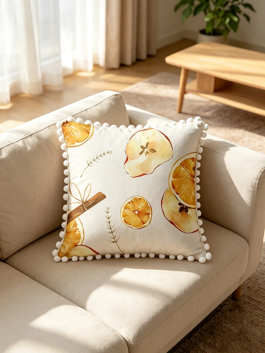 1PC Orange Slice Print Pillow Cover Pom Pom Tassel Beige Cinnamon Apple Decorative Throw Pillow Sofa Couch Bedroom Home Decor