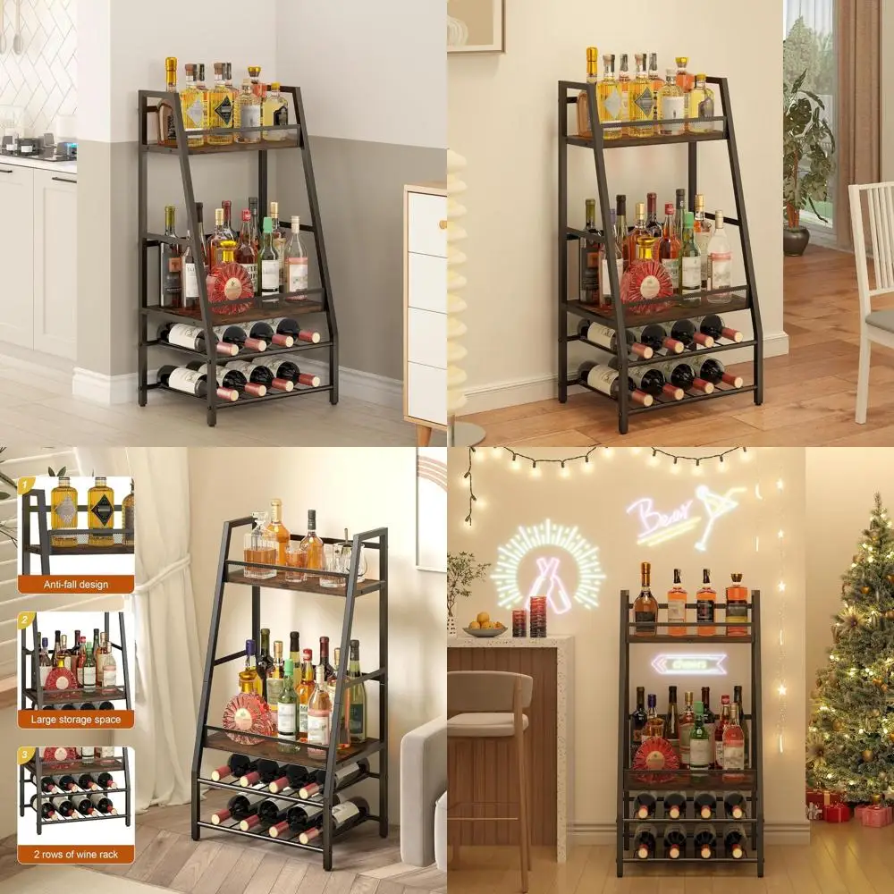 

Floor-Standing 4-Tier Trapezoid Wine Rack for Whiskey & Liquor Bottles, Ideal for Living Room, Kitchen, or Dining Area