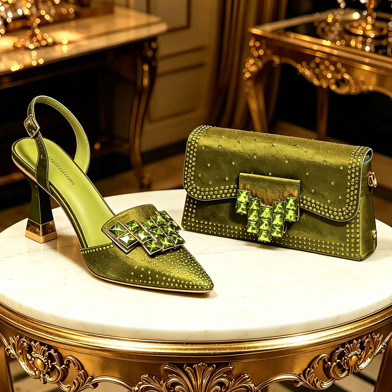 Zapatos de Tacón Alto para Mujer con Punta en Pico y Pedrería Verde Oliva, Diseño Italiano 2026, con Bolso a Juego para Fiestas y Bodas