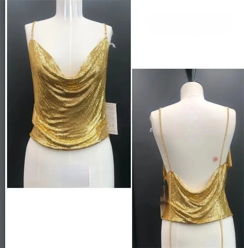 Golden Spicy Girl Metal Chain Hanging Neck Top Sexy Deep V paillettes Sling Strap Open Back prospettiva Nightclub Stage Vest