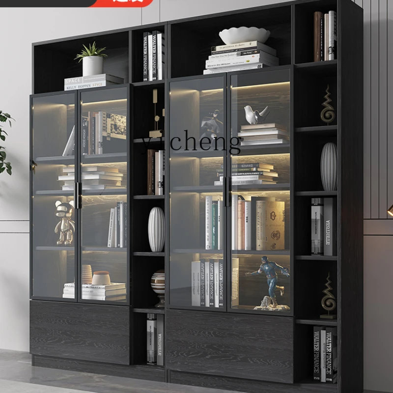 XL Bookcase Display Cabinet Integrated Entire Wall Light Luxury Glass Door Storage Cabinet Floor Bookshelf