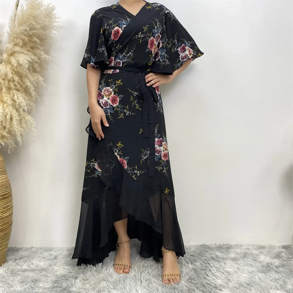 

Short Sleeve Fashion Split Irregularly Abaya Large Size Chiffon Floral Printed Muslim Dress Dubai Turkey Ruffled Kaftan Vestidos