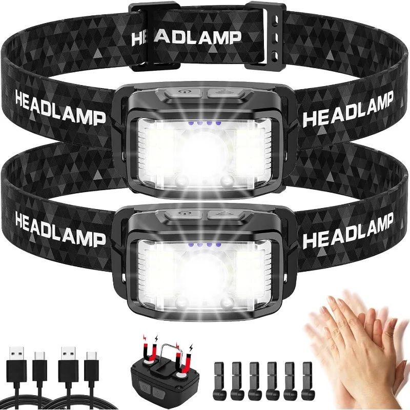

Headlamp Rechargeable,2 Pack 2000 Lumen Ultra Bright Led Headlamp,16 Modes Motion Sensor Head Lamp,Waterproof Lightweight White