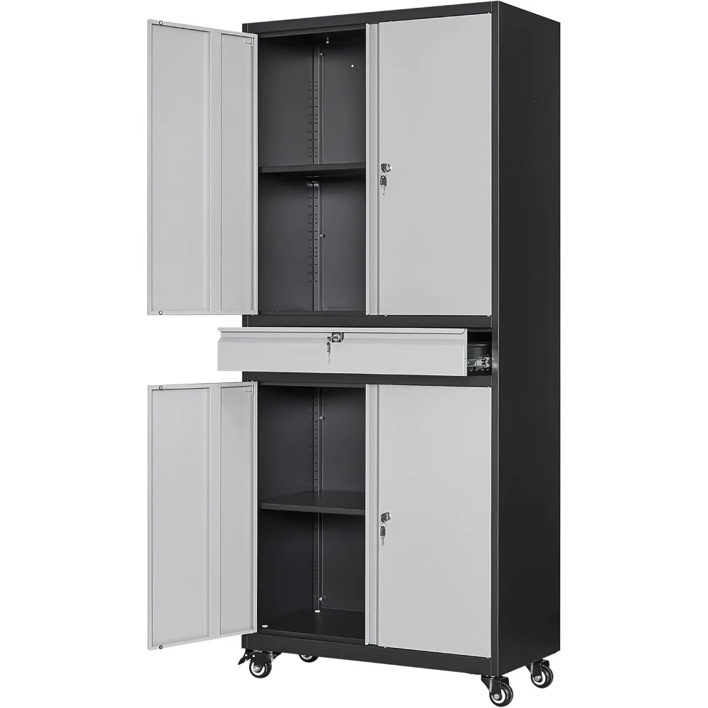 Metal Garage Storage Cabinet with Locking Doors and Adjustable Shelves, Rolling Tool Storage Cabinet with 4 Wheels and 1