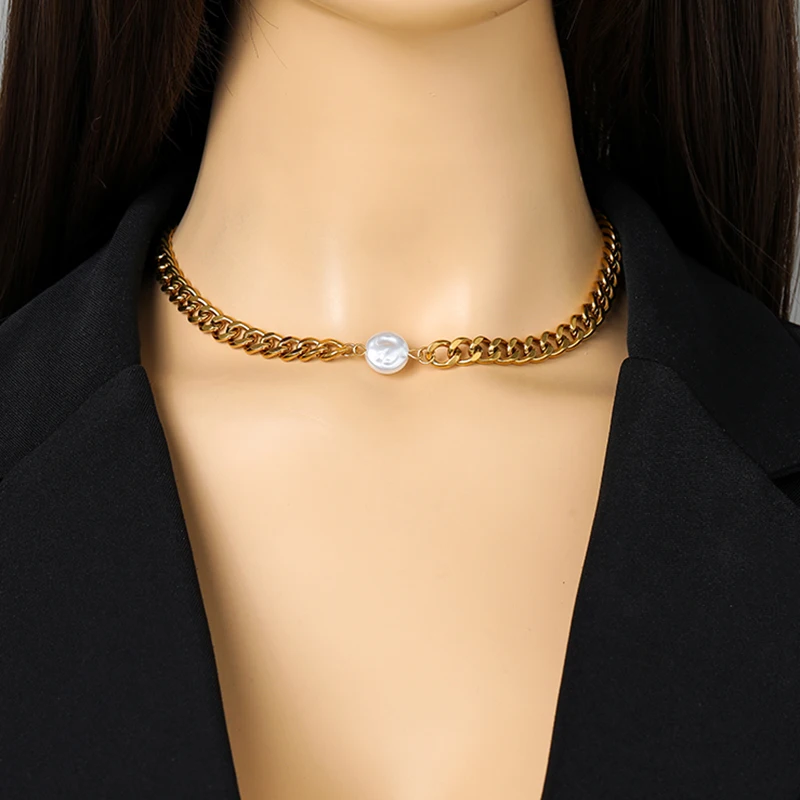 EILIECK 316L Edelstahl Statement Flache Perlenkette Armband für Damen Charm Goldfarbene Kette Schmuck Bijoux Schmuckset – Detail 12