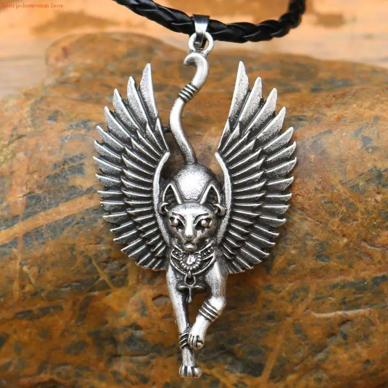 F92D Silver Ancient Egypt Bastet Statue for Cat Pendant Necklace Braided Leather Wax Cord Necklace Jewelry for Men Women