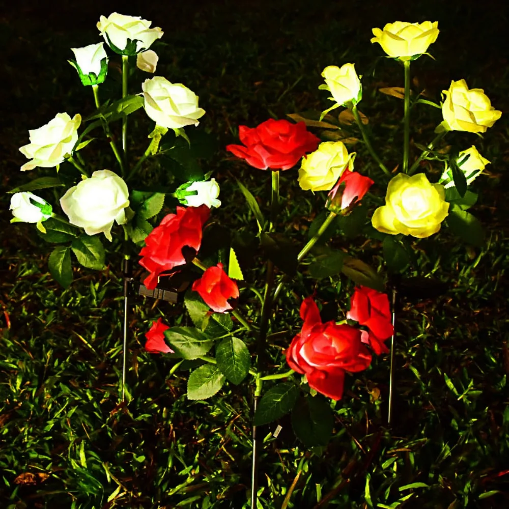 1/3 Heads LED Simulated Solar Lights Waterproof 5 Colors Garden Solar Lights Rose Flower Lawn Lamp for Yard Patio Garden Decor