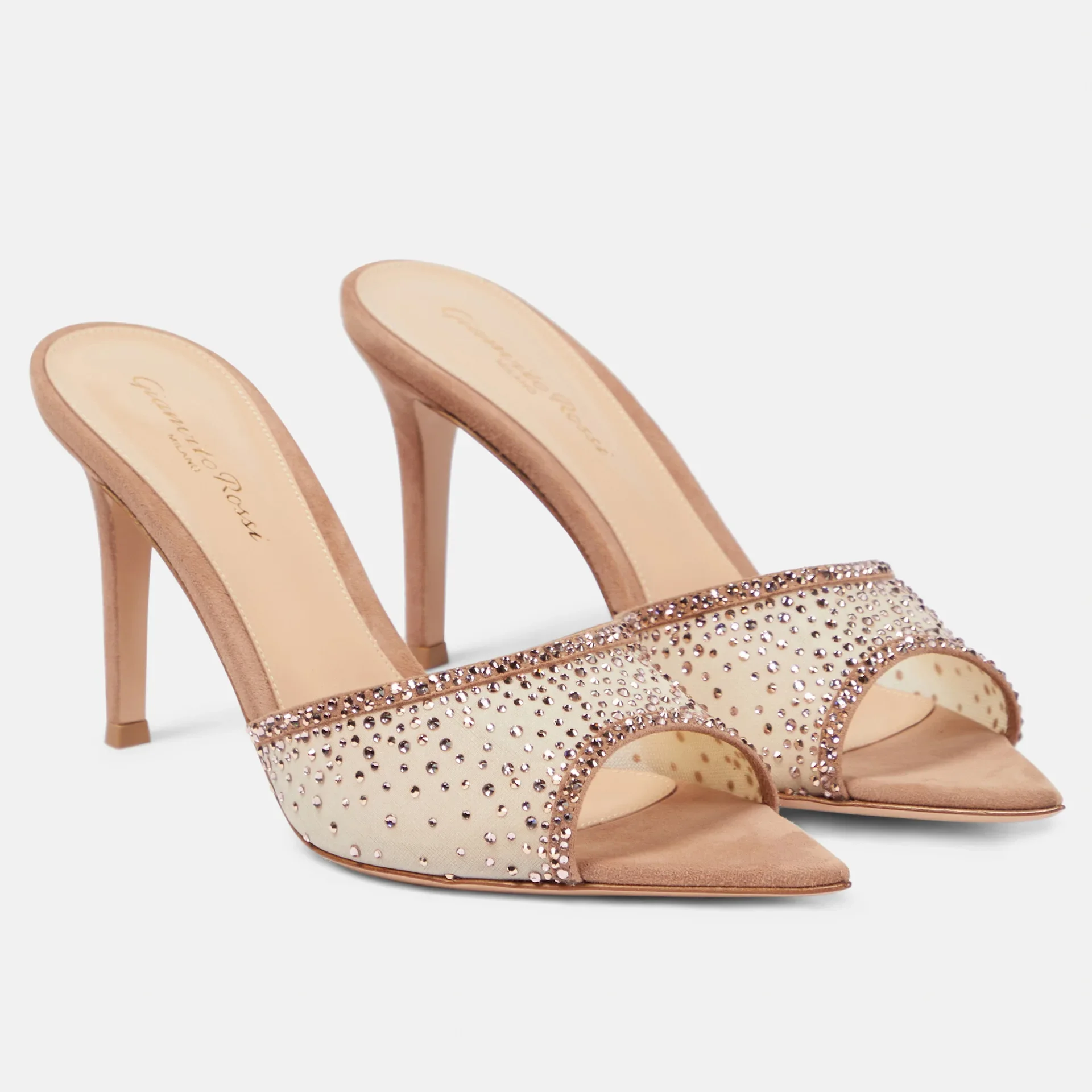 Fashionable stiletto heel rhinestone high heel slippers pointed toe open toe slip-on high heel sandals